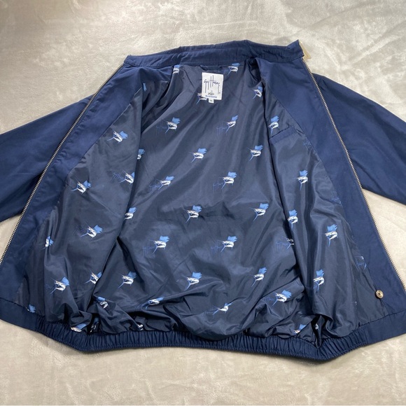 Guy Harvey Bomber Jacket Navy Blue Fish Print Full Zip Lined Blue Water Men Sz M - Picture 9 of 15